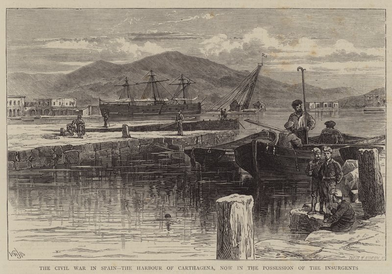 Borgerkrigen i Spania, havnen i Carthagena, nå i besittelse av opprørerne av William Henry James Boot