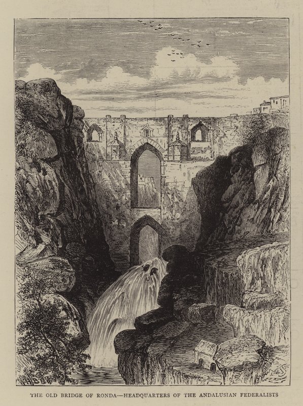 Den gamle broen i Ronda, hovedkvarteret til de andalusiske føderalistene av William Henry James Boot