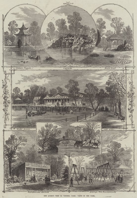 Dronningens besøk i Victoria Park, utsikt i parken av William Henry Prior