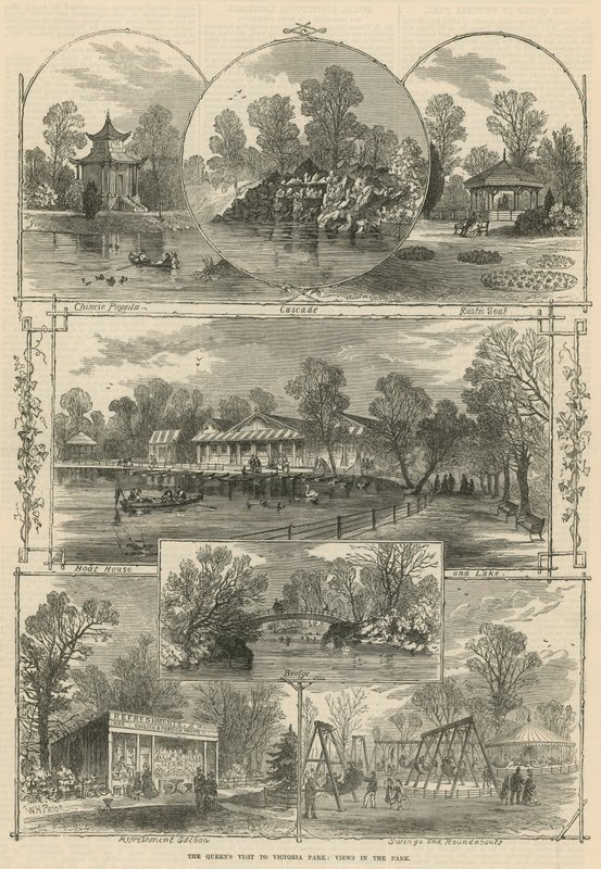 Dronningens besøk i Victoria Park: utsikt i parken (gravering) av William Henry Prior