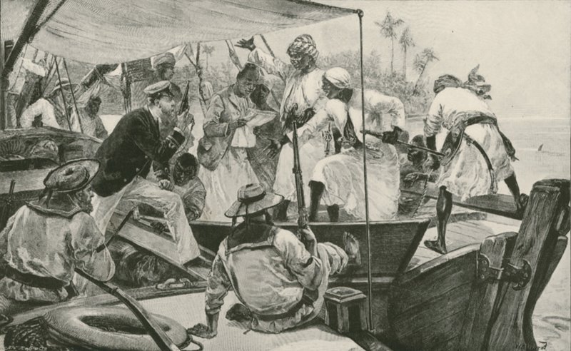 En britisk sjøoffiser som overhaler en arabisk slave Dhow (litho) av William Heysham (after) Overend