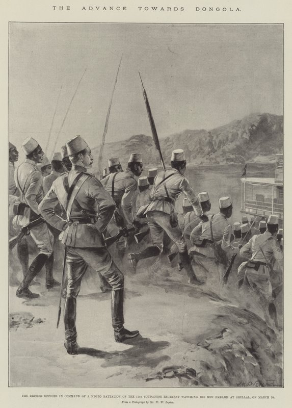 Fremskrittet mot Dongola, den britiske offiseren i kommando av en negerbataljon fra det 11. soudanesiske regiment som så mennene hans gå om bord på Shellal, 18. mars (litho) av William Heysham (after) Overend