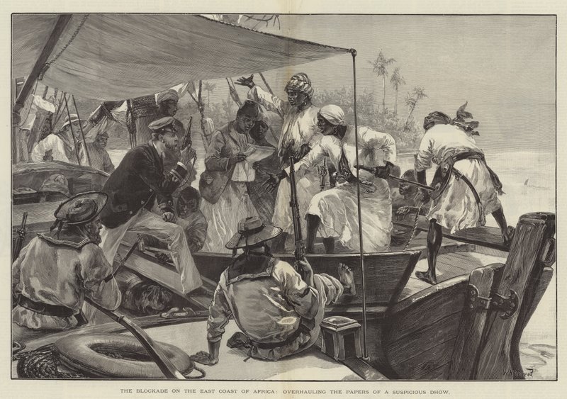Blokaden på østkysten av Afrika, overhaling av papirene til en mistenkelig Dhow (gravering) av William Heysham (after) Overend