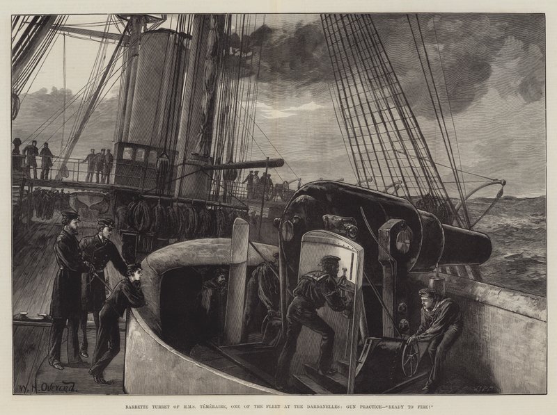 Barbette Turret fra HMS Temeraire, en av flåten ved Dardanellene, våpenøvelse, klar til å skyte! av William Heysham Overend