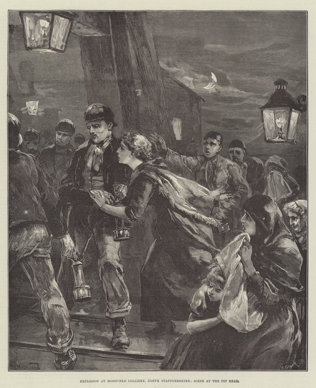 Eksplosjon ved Mossfield Colliery, North Staffordshire, scene ved Pit Head av William Heysham Overend