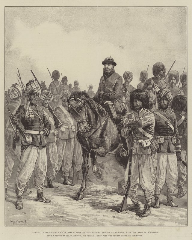 General Ghous-ud-din Khan, sjef for de afghanske troppene ved Penjdeh, med sine afghanske soldater av William Heysham Overend