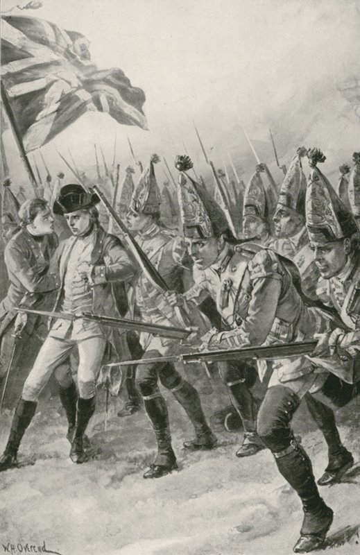 General Wolfe er dødelig såret mens han leder anklagen på Abrahams sletter av William Heysham Overend