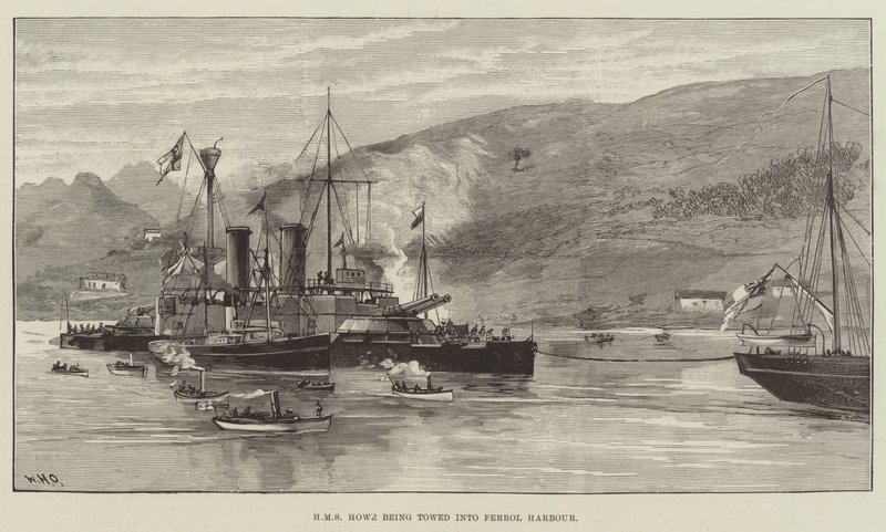 HMS Howe blir slept inn i Ferrol Harbor av William Heysham Overend