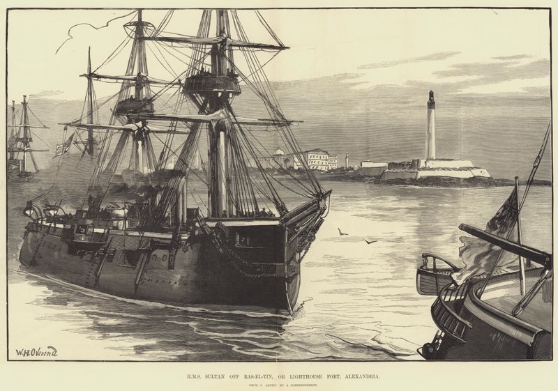 HMS Sultan utenfor Ras-el-Tin, eller Lighthouse Fort, Alexandria av William Heysham Overend