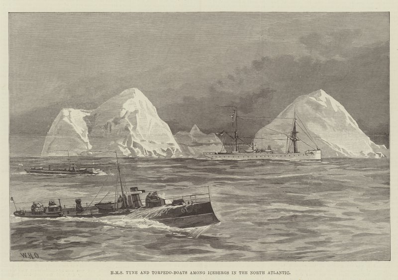 HMS Tyne og Torpedo-båter blant isfjell i Nord-Atlanteren av William Heysham Overend