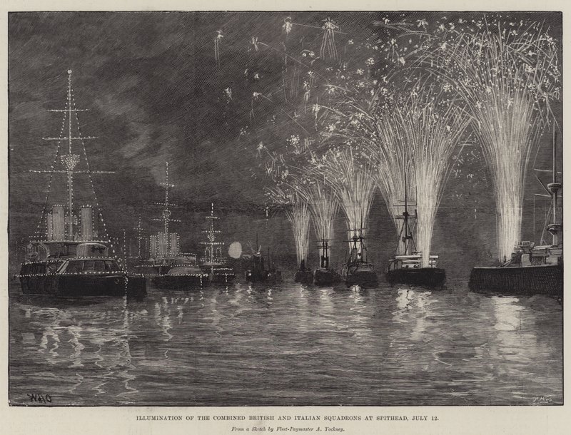Belysning av de kombinerte britiske og italienske skvadronene ved Spithead, 12. juli av William Heysham Overend