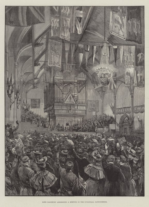 Lord Salisbury taler til et møte i Guildhall, Londonderry av William Heysham Overend