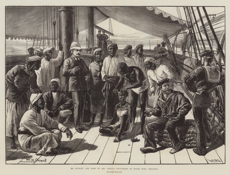 Mr Stanley og noen av hans afrikanske følgere om bord i HMS Industry av William Heysham Overend