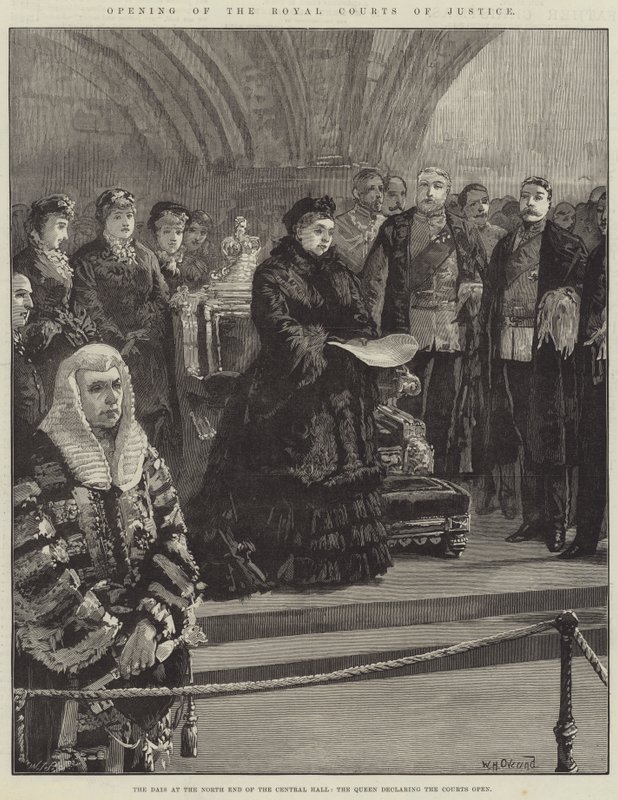 Åpning av Royal Courts of Justice, Dais i nordenden av sentralhallen, dronningen erklærer domstolene åpne av William Heysham Overend