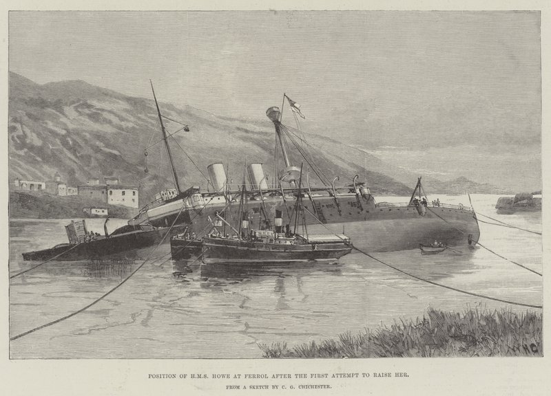 Stillingen til HMS Howe hos Ferrol etter det første forsøket på å oppdra henne av William Heysham Overend