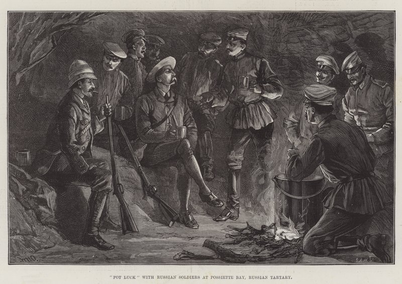 Pot Luck med russiske soldater i Possiette Bay, Russian Tartary av William Heysham Overend