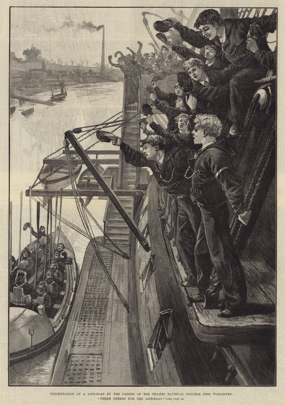 Presentasjon av en livbåt av kadettene fra Thames Nautical College Ship, Worcester, Three Cheers for the Life-Boat! av William Heysham Overend