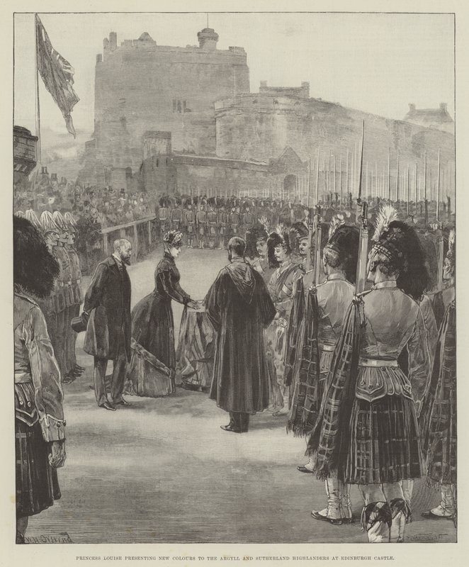 Prinsesse Louise presenterer nye farger til Argyll og Sutherland Highlanders på Edinburgh Castle av William Heysham Overend