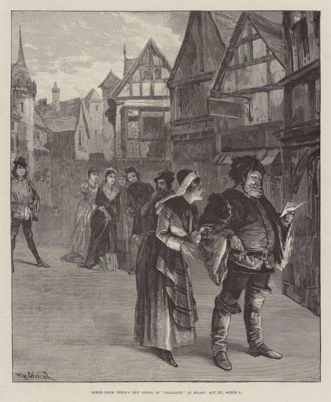Scene fra Verdis New Opera of Falstaff, i Milano, akt III, scene 1 av William Heysham Overend