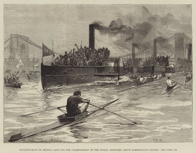 Sculling-løp på mandag sist for verdensmesterskapet, skissert over Hammersmith Bridge av William Heysham Overend