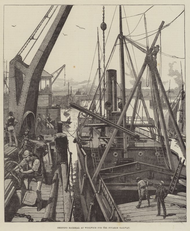 Fraktmateriell hos Woolwich for Souakim Railway av William Heysham Overend
