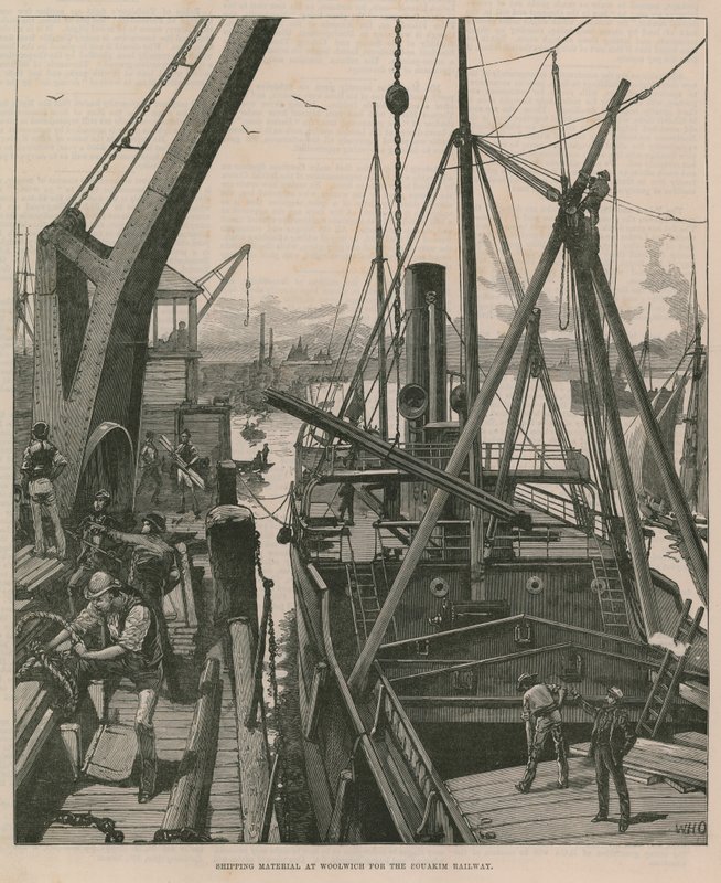 Fraktmateriell hos Woolwich for Souakim Railway (gravering) av William Heysham Overend