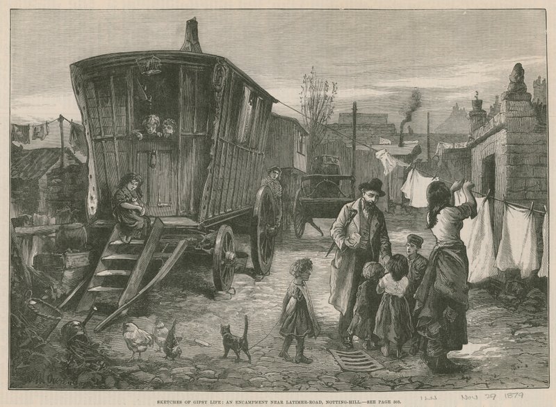 Skisser av sigøynerlivet; En leir nær Latimer Road, Notting Hill (gravering) av William Heysham Overend