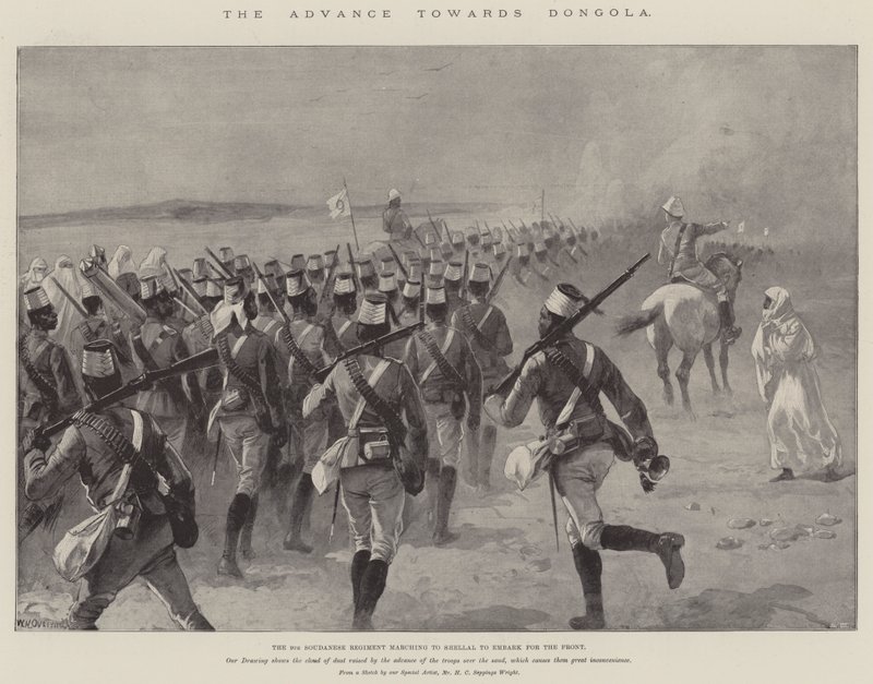 Fremskrittet mot Dongola, det 9. soudanesiske regiment som marsjerer til Shellal for å gå om bord for fronten av William Heysham Overend