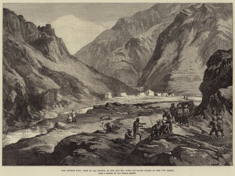 Den afghanske krigen, Pass of Ali Musjid, i Khyber, med Advanced Guard of the 14th Sikhs av William Heysham Overend