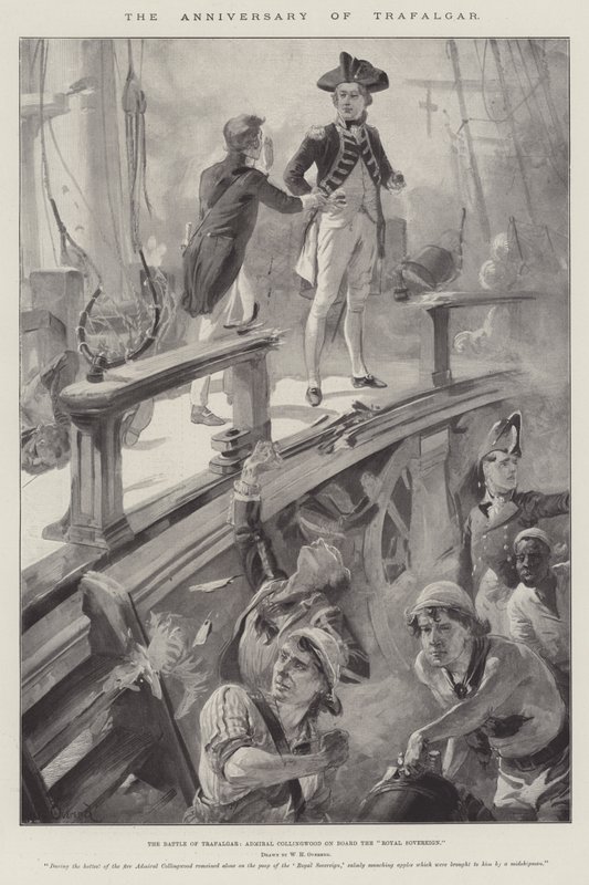 Årsdagen til Trafalgar, slaget ved Trafalgar, admiral Collingwood om bord på Royal Sovereign av William Heysham Overend