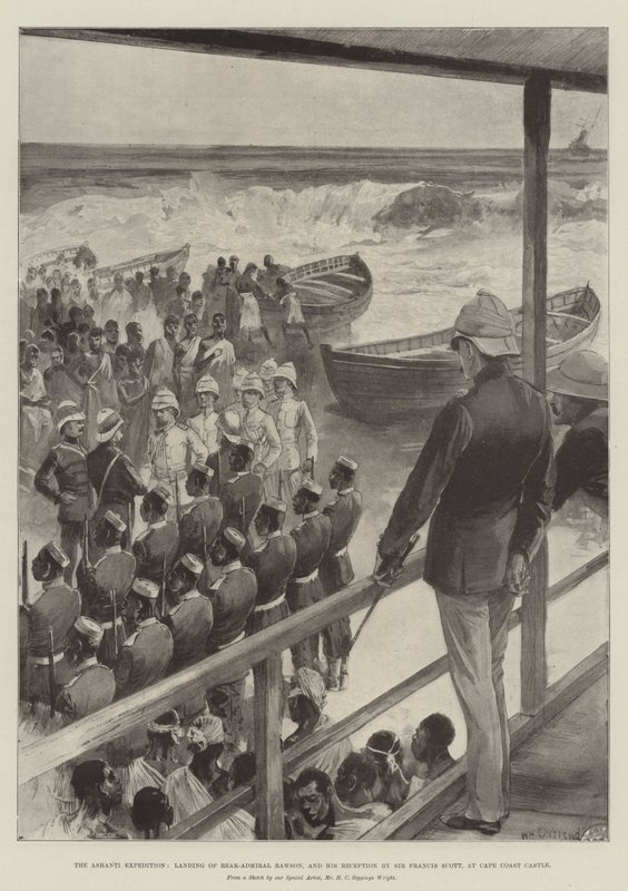 Ashanti-ekspedisjonen, landing av kontreadmiral Rawson, og hans mottakelse av Sir Francis Scott, ved Cape Coast Castle av William Heysham Overend