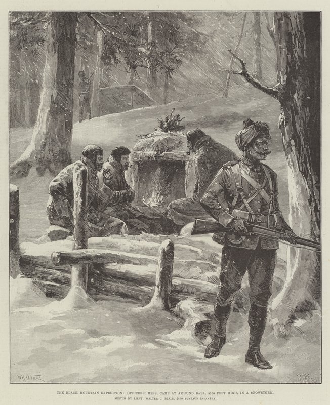 The Black Mountain Expedition, Officers Mess, leir ved Akhund Baba, 9100 fot høy, i en snøstorm av William Heysham Overend