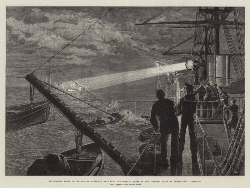 Den britiske flåten i Marmorahavet, søker etter torpedobåter ved det elektriske lyset om bord på HMS Agincourt av William Heysham Overend