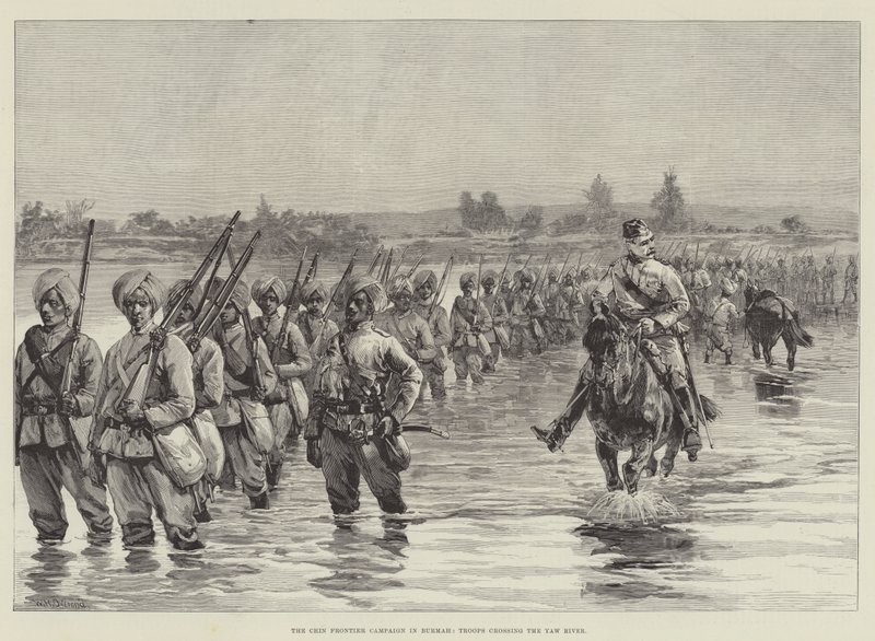 Chin Frontier-kampanjen i Burmah, tropper krysser Yaw-elven av William Heysham Overend