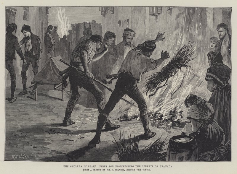 Koleraen i Spania, branner for desinfisering av gatene i Granada av William Heysham Overend