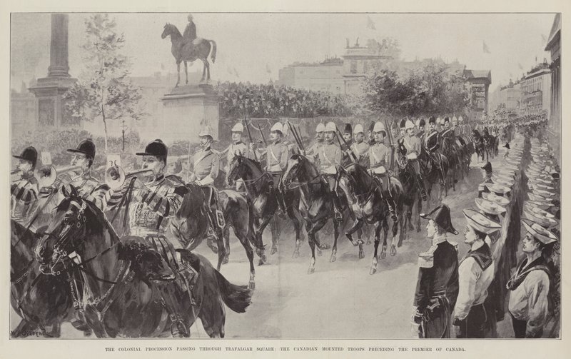 Koloniprosesjonen som går gjennom Trafalgar Square, de kanadiske beredne troppene før Canadas premier av William Heysham Overend