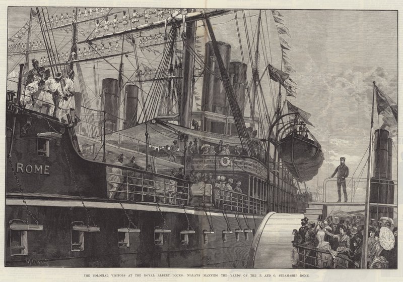 De koloniale besøkende ved Royal Albert Docks, Malays som bemanner verftene til P og O Steam-Ship Roma av William Heysham Overend