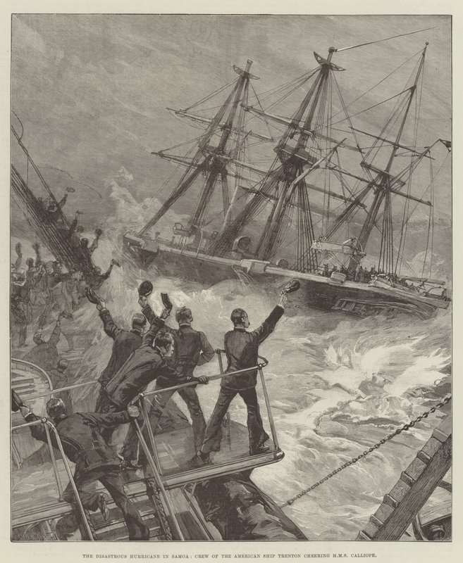Den katastrofale orkanen i Samoa, mannskapet på det amerikanske skipet Trenton heier på HMS Calliope av William Heysham Overend