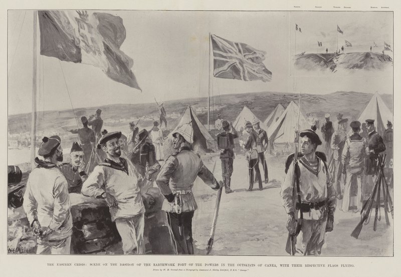 The Eastern Crisis, scene på bastionen til maktenes jordarbeidsfort i utkanten av Canea, med deres respektive flagg vaiende av William Heysham Overend