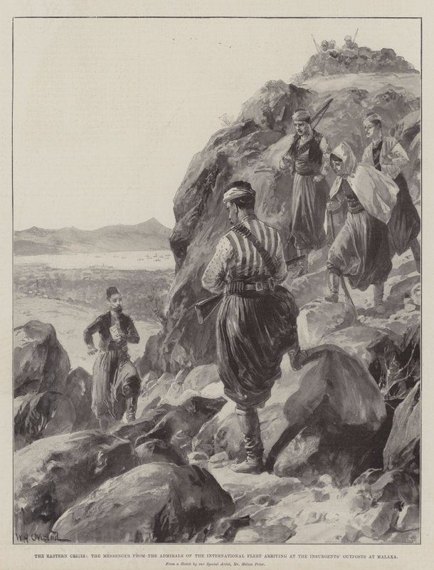 Den østlige krisen, sendebudet fra admiralene til den internasjonale flåten som ankom opprørernes utposter i Malaxa av William Heysham Overend