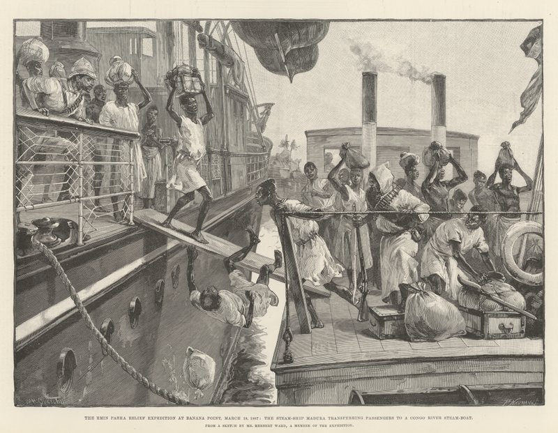 Emin Pasha Relief Expedition ved Banana Point, 18. mars 1887, Steam-Ship Madura overfører passasjerer til en Kongo River Steam-Boat av William Heysham Overend