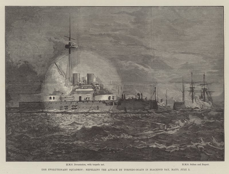 The Evolutionary Squadron, avstøter angrepet av torpedobåter i Blacksod Bay, Mayo, 7. juli av William Heysham Overend