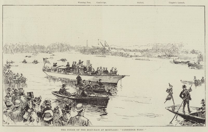 Avslutningen av båtkappløpet på Mortlake, Cambridge vinner! av William Heysham Overend