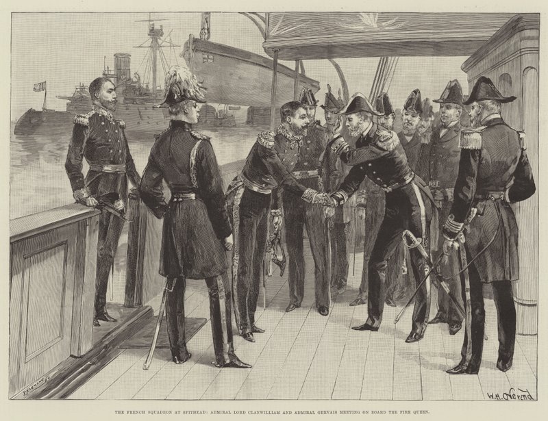 Den franske skvadronen ved Spithead, admiral Lord Clanwilliam og admiral Gervais møtes om bord på branndronningen av William Heysham Overend