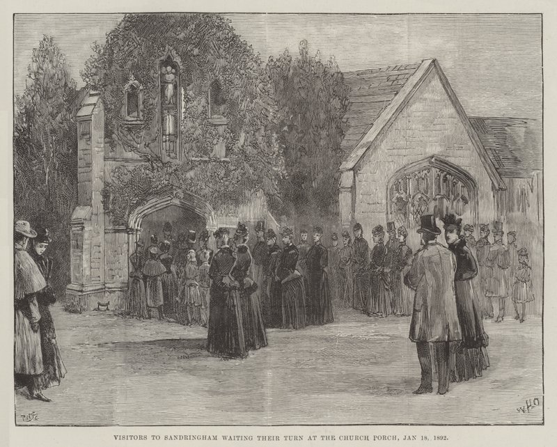Begravelsen til den avdøde hertugen av Clarence og Avondale, besøkende til Sandringham som venter på tur ved Church Porch, 18. januar 1892 av William Heysham Overend