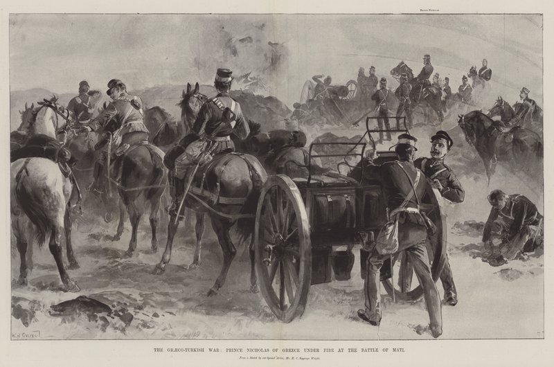 Den gresk-tyrkiske krigen, prins Nicholas av Hellas under ild i slaget ved Mati av William Heysham Overend