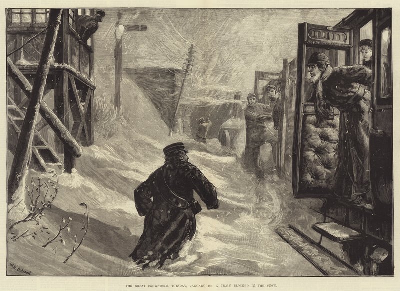 Den store snøstormen, tirsdag 18. januar, et tog blokkert i snøen av William Heysham Overend