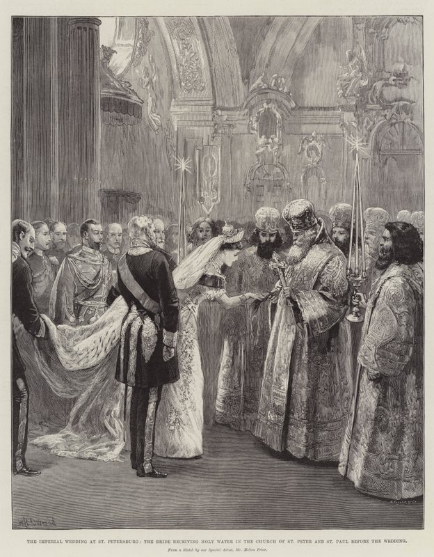 Det keiserlige bryllupet i St Petersburg, bruden mottar hellig vann i St. Peter og St. Pauls kirke før bryllupet av William Heysham Overend