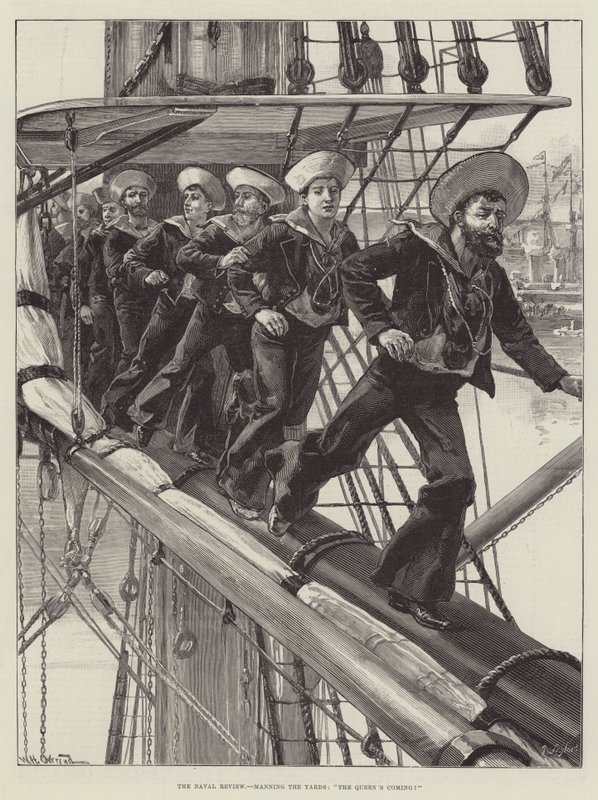 Naval Review, som bemanner verftene, Dronningen kommer! av William Heysham Overend