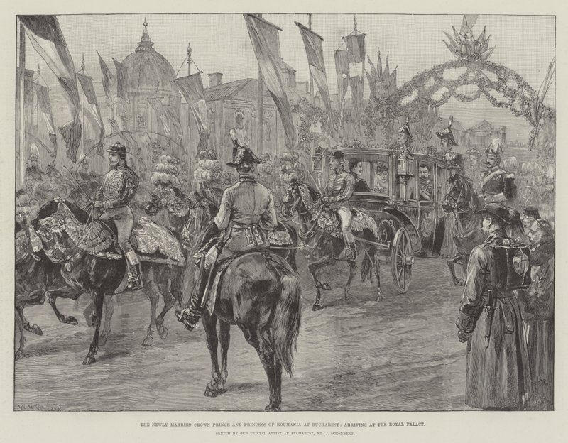 Den nygifte kronprinsen og prinsessen av Roumania i Bucuresti, ankommer det kongelige slott av William Heysham Overend